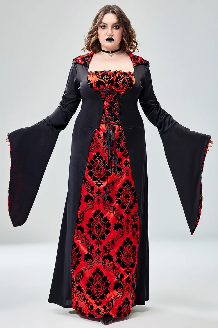 Xpluswear Design Plus Size Halloween Costume Gothic Red Trumpet Sleeve Knitted Maxi Dress
