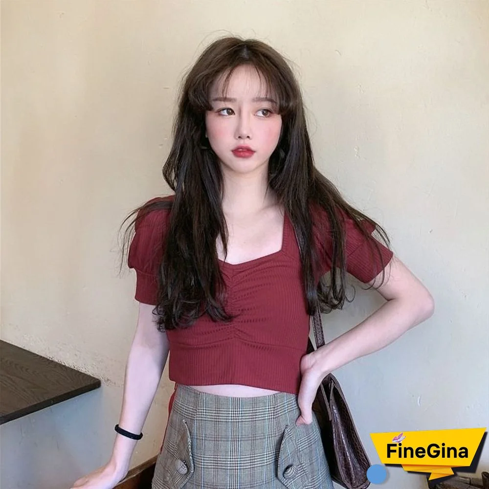 Summer T-Shirts Women Slim Puff Sleeve Temperament Sexy Crop Tops College Elastic Soft Leisure All-Match Kawaii Female Clothing