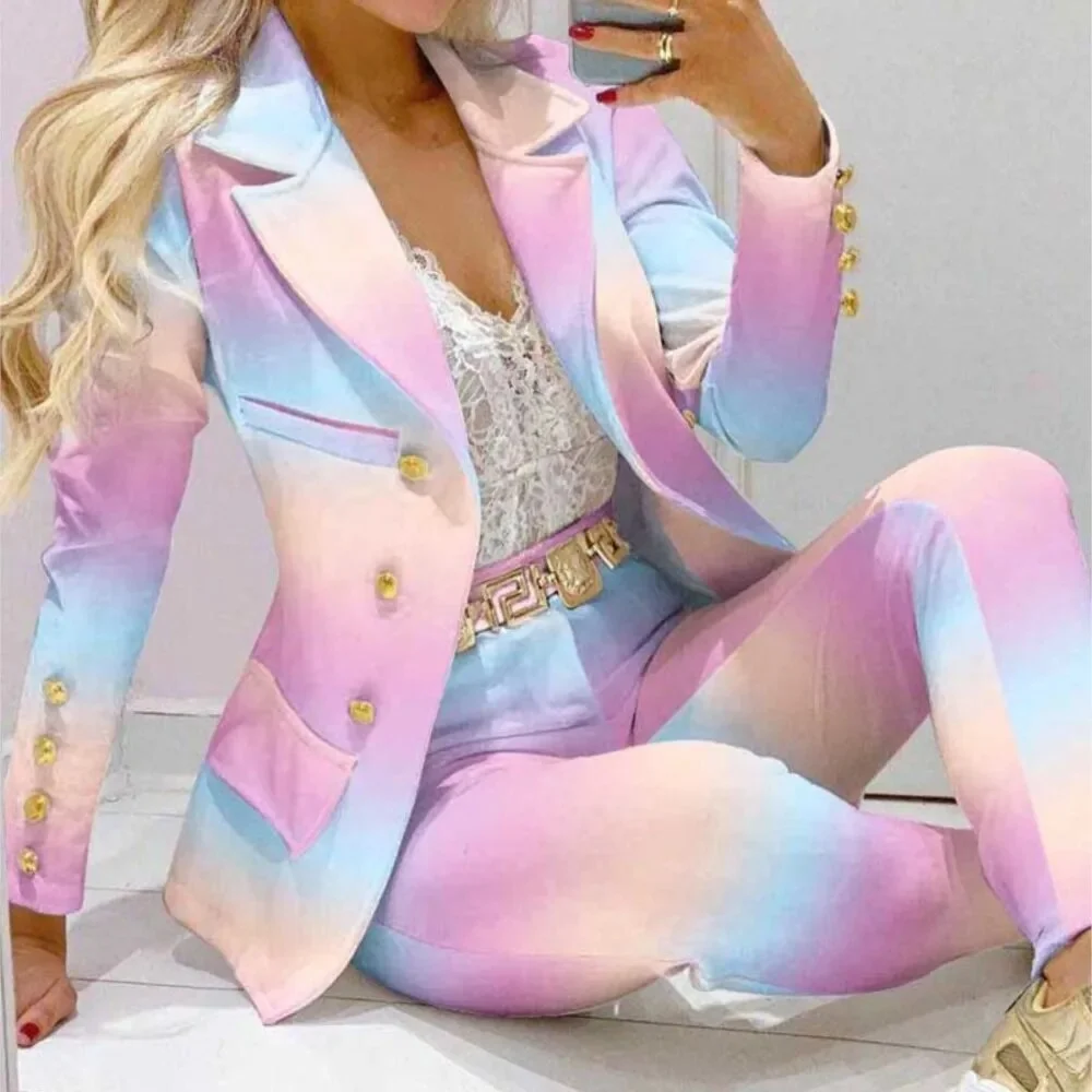 Nigikala Stripe Print Suit Coat Pants Set Office Lady Fashion Elegant Long Sleeve Top Trousers Two Piece Set Women Outfit 2023