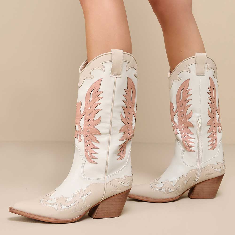 White Snip Toe 3'' Chunky Heel Patch-Work Mid-Calf Boots Nicepairs