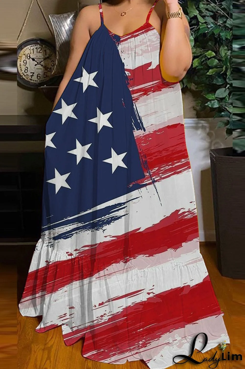 Red White Fashion Casual Print Backless Spaghetti Strap Long Dress