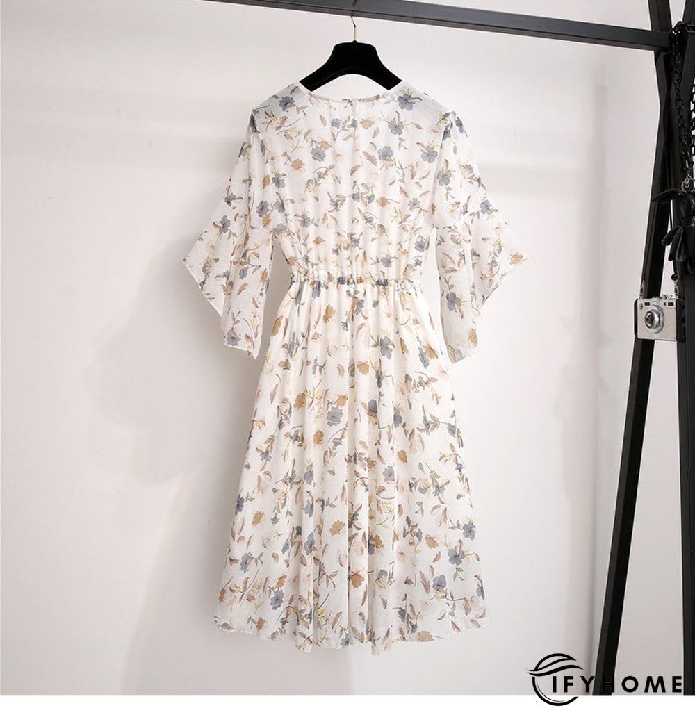 Spring Summer Chiffon Women V-Neck Floral Print Short Dresses Sweet Ruffle Sleeeve Slim Drawstring Ladies Dress | IFYHOME