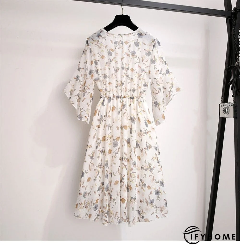 Spring Summer Chiffon Women V-Neck Floral Print Short Dresses Sweet Ruffle Sleeeve Slim Drawstring Ladies Dress | IFYHOME