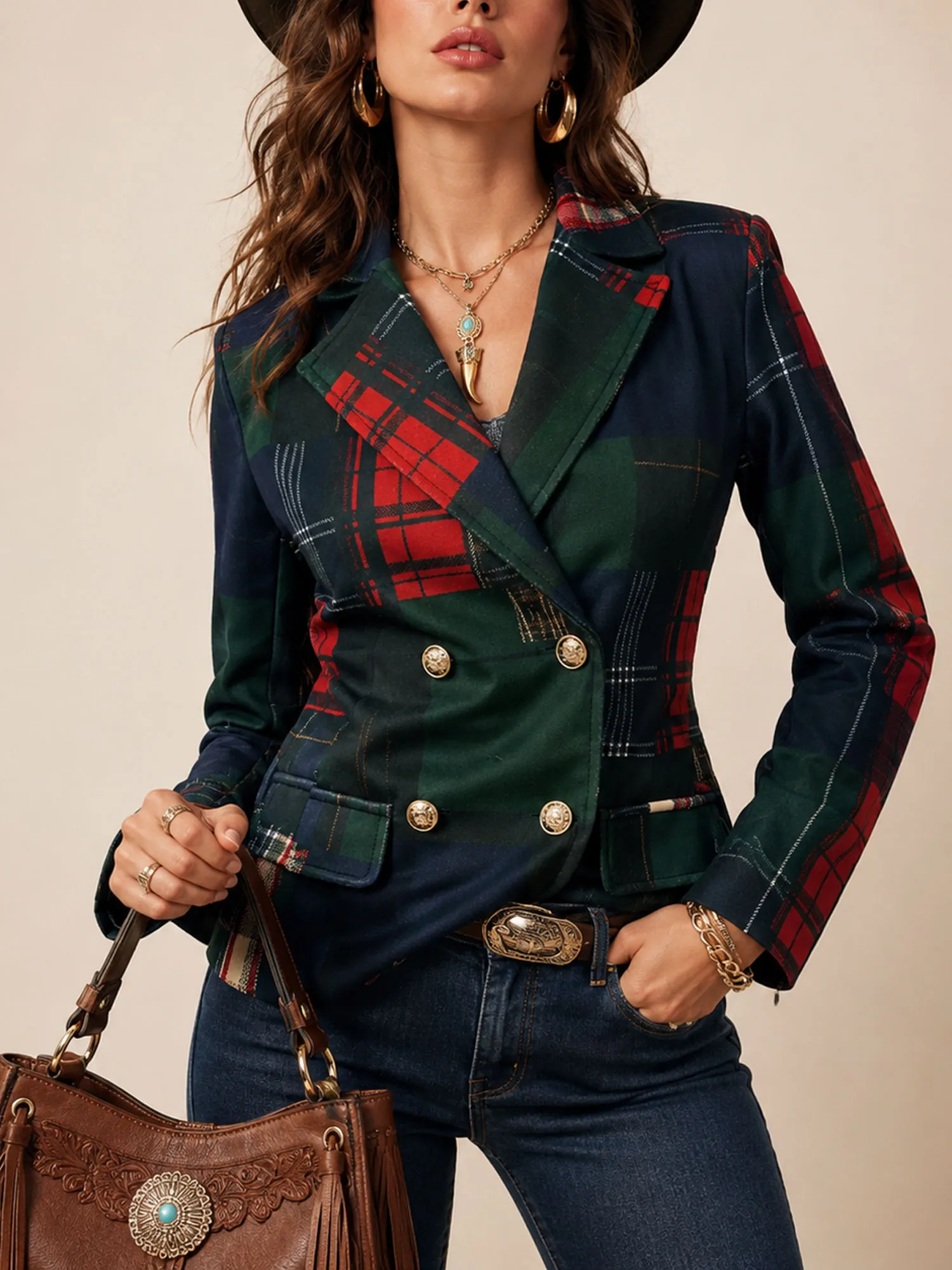 Perfect for a Ranch Business Meeting &mdash; Navy & Red Plaid Structured 2026 Spring/Autumn Women&rsquo;s Western Blazer