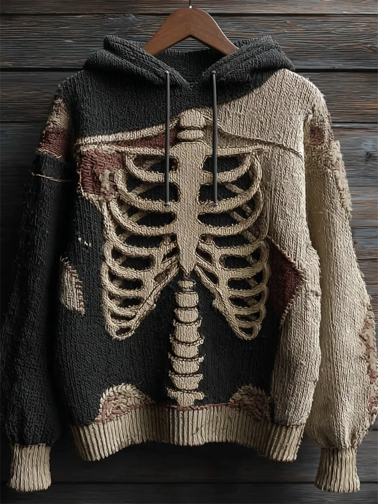 Halloween Skeleton Crochet Contrast Anatomy Cozy Knit Hooded Sweater