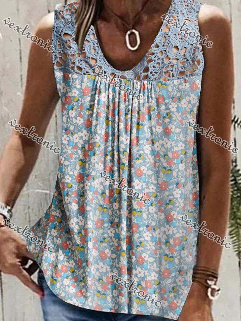 Women's Sleeveless V-neck Floral Printed Lace Stitching Tops