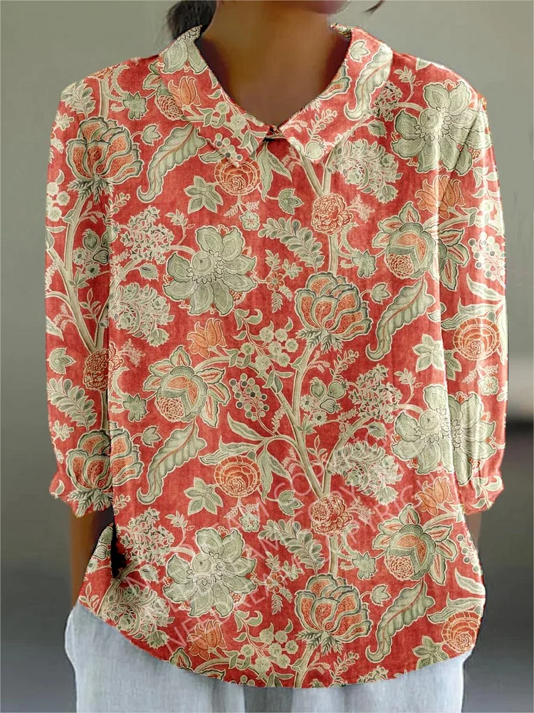 Womens Vintage Poppy Floral Pattern Casual Cotton And Linen Top