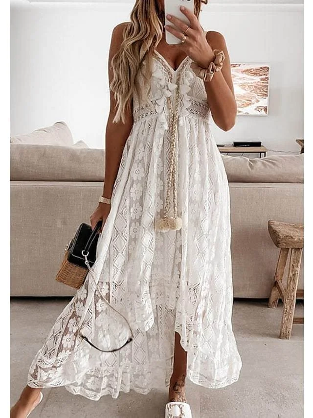 Women's Swing Dress Maxi Long Dress White Beige Sleeveless Solid Color Embroidered Lace Spring Summer V Neck Casual Boho Beach Lace 2021 S M L XL XXL