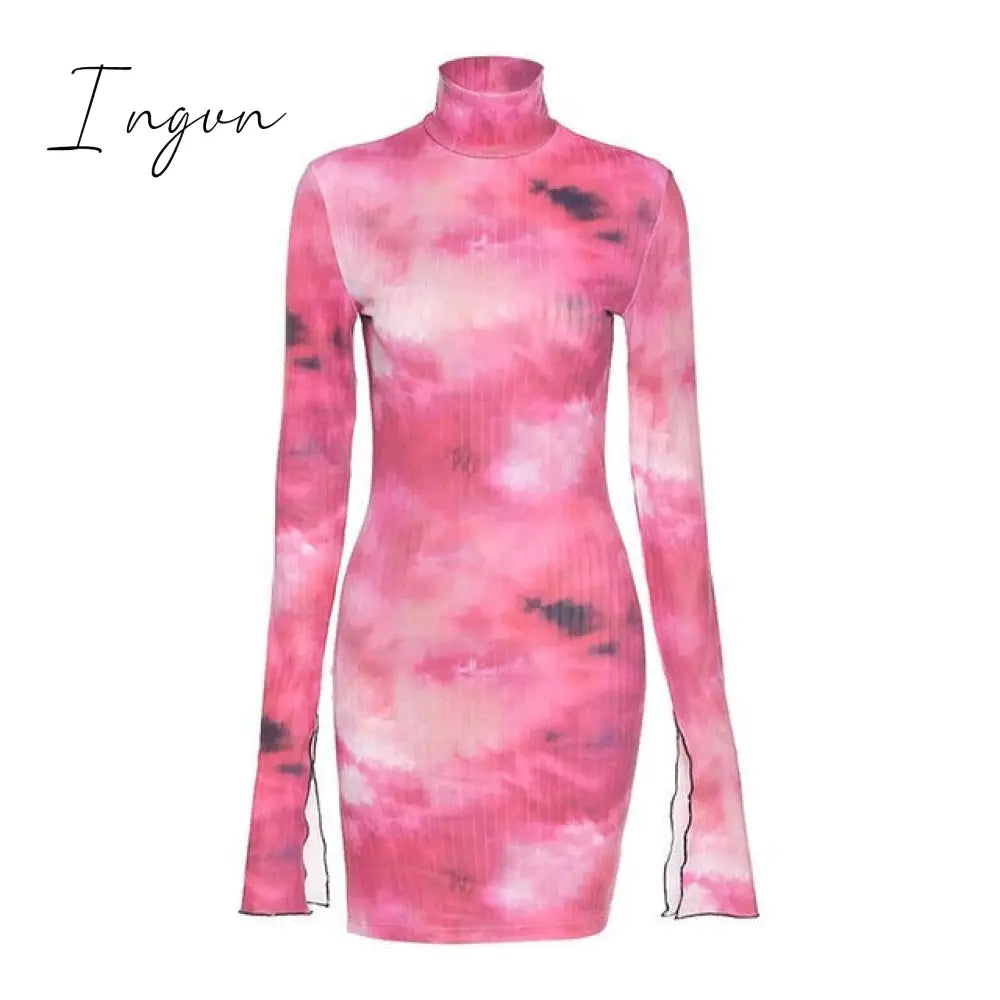 Ingvn - Tie Dye Mock Neck Bodycon Dresses For Women Side Split Ribbed Long Sleeve Clubwear Midnight