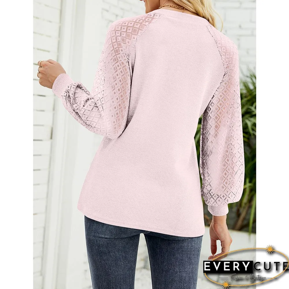 Pink Splicing Lace Long Sleeve V Neck Tops