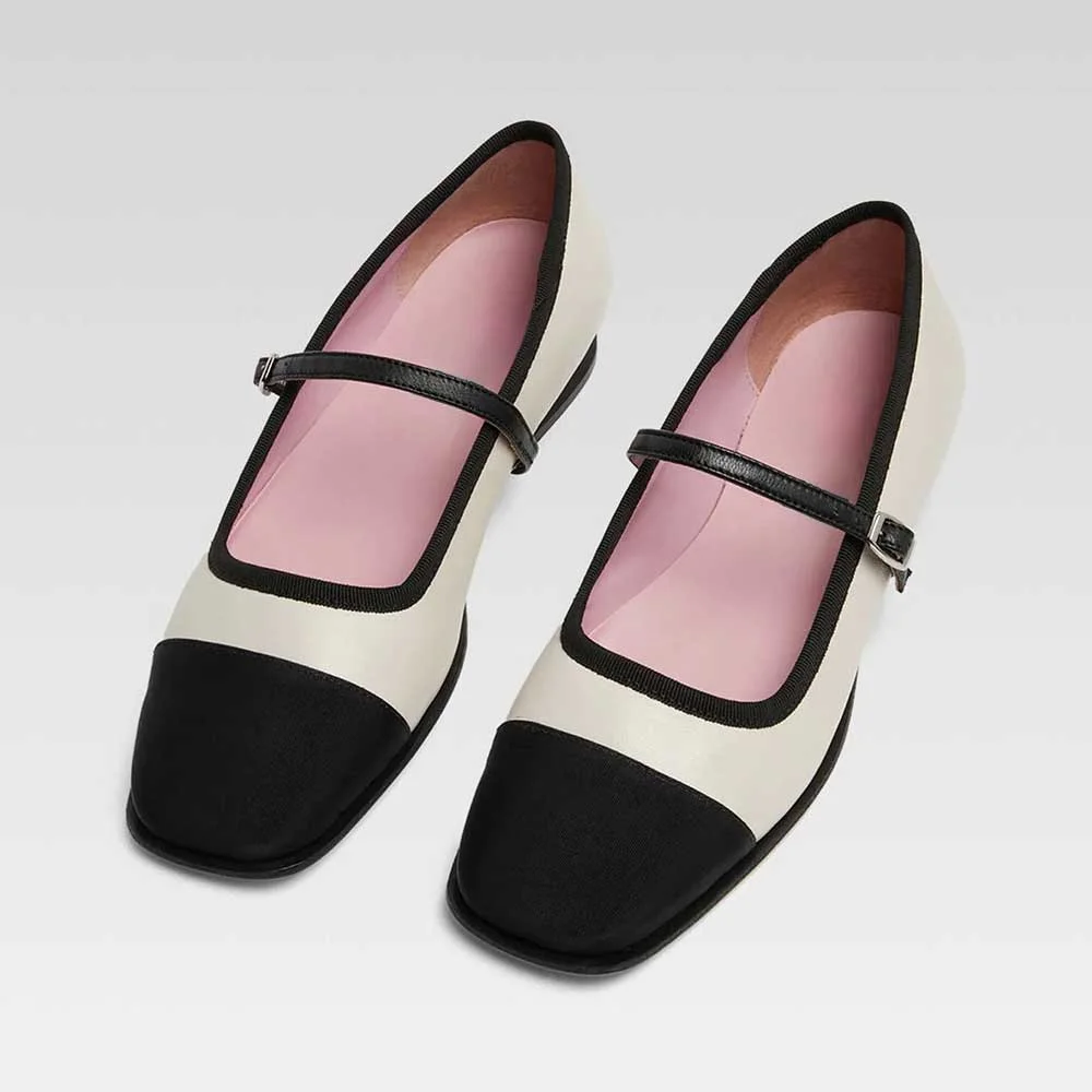 Elegant Beige & Black Square Toe Comfy Buckle Mary Jane Flats