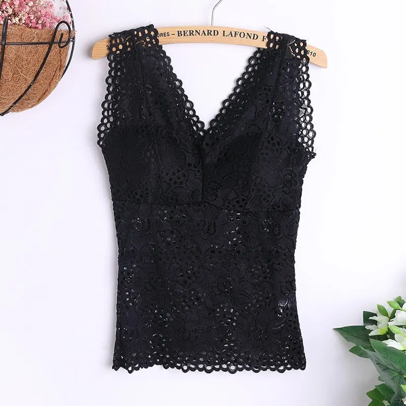 Sexy Tank Top Lace Wireless Paded Lingerie Vest Sexy V-Neck Crop Top Back Hollow Lace Trim Tee Camisole Feminino Cami