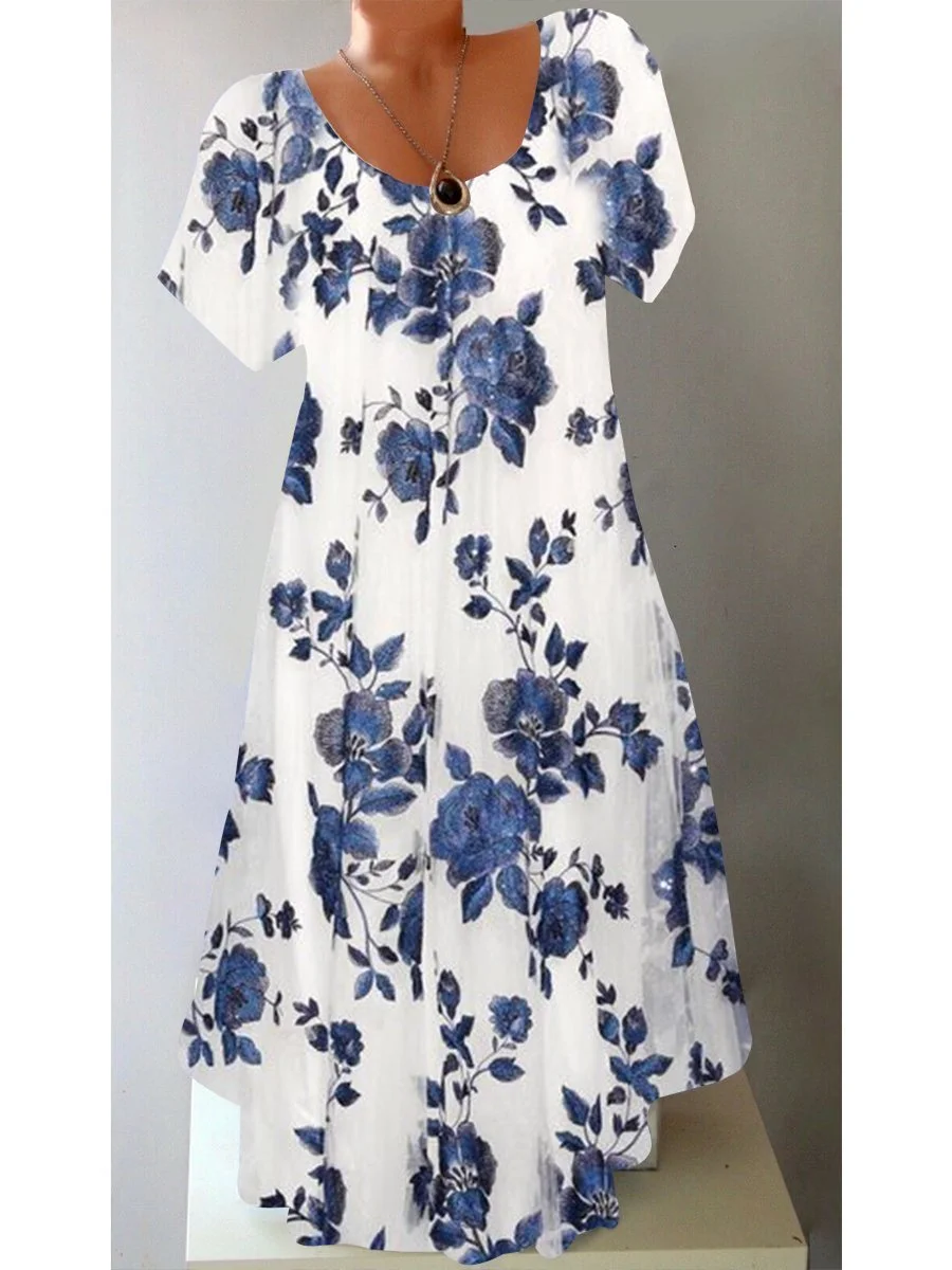 Women Casual Short Sleeve Round Neck Floral Printed Midi Dress