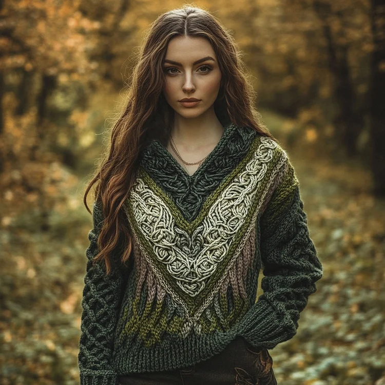 Women's Vintage Celtic Knot Jacquard Contrast V Neck Sweater