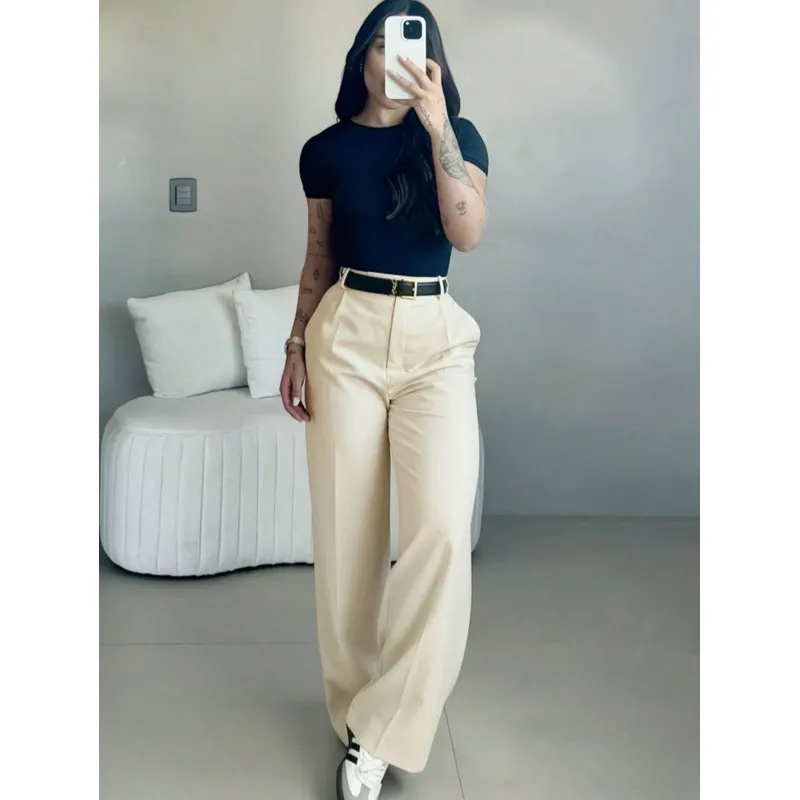 Women High Waist Straight Wide Leg Trousers