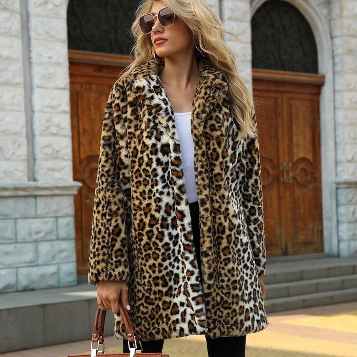 Beth Dutton Outfits Leopard Print Stud for Autumn and Winter Suit Collar Mid-Length Imitation Fur Coat Top Women - vzzhome