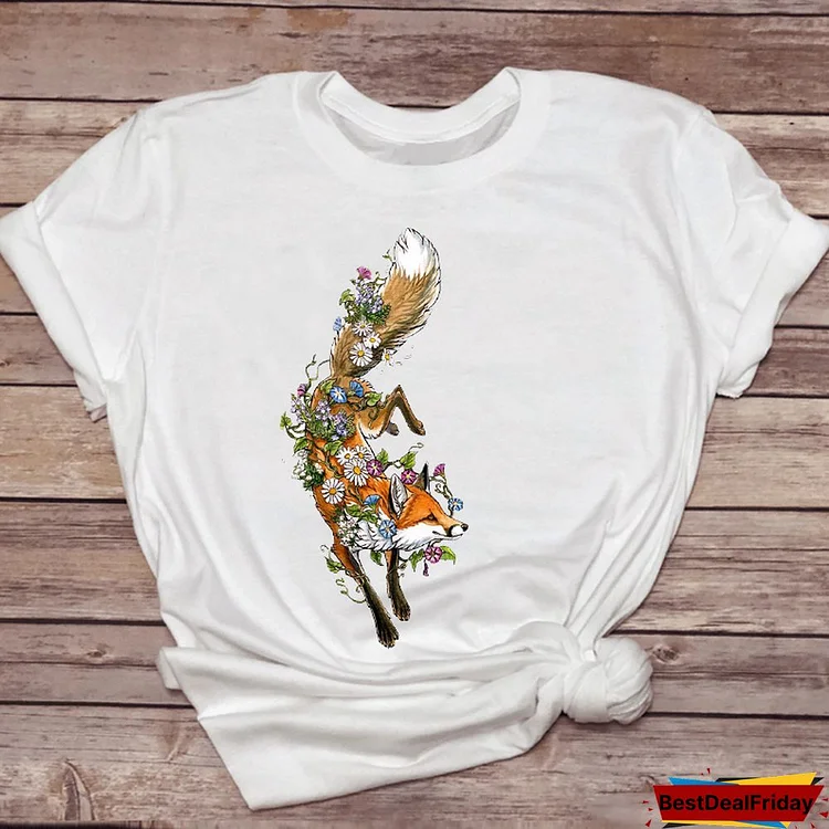 Women T-shirts Watercolor Fashion Short Sleeve 90s Fox Animal Ladies Print Graphic T Top Lady Shirt Female Tee T-Shirt