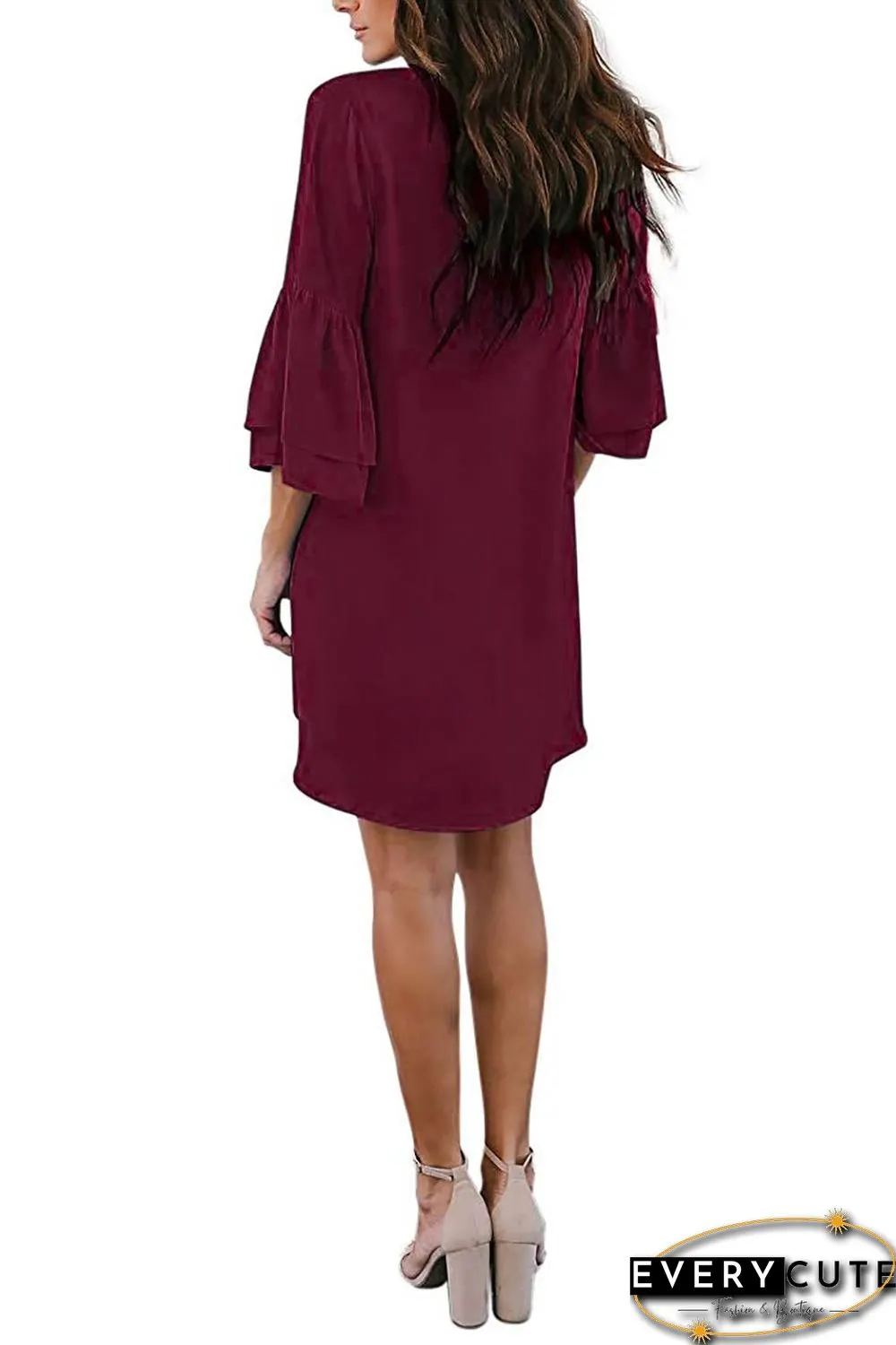 Red V Neck Buttoned Bell Sleeve Shift Shirt Dress