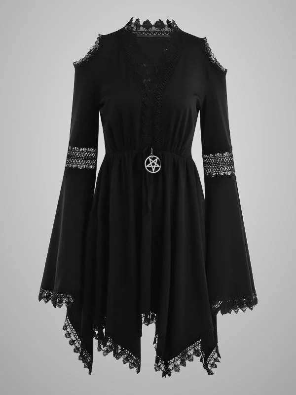 Gothic V Neck Long Bell Sleeve Lace Paneled Asymmetrical Tight Waist Off Shoulder Skater Dress