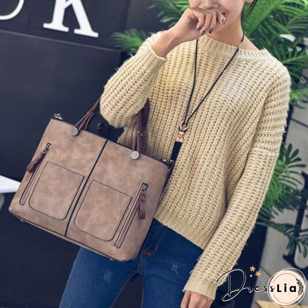 Women Oil Wax Leather Tote Bag Retro Shoulder Bags Handbags