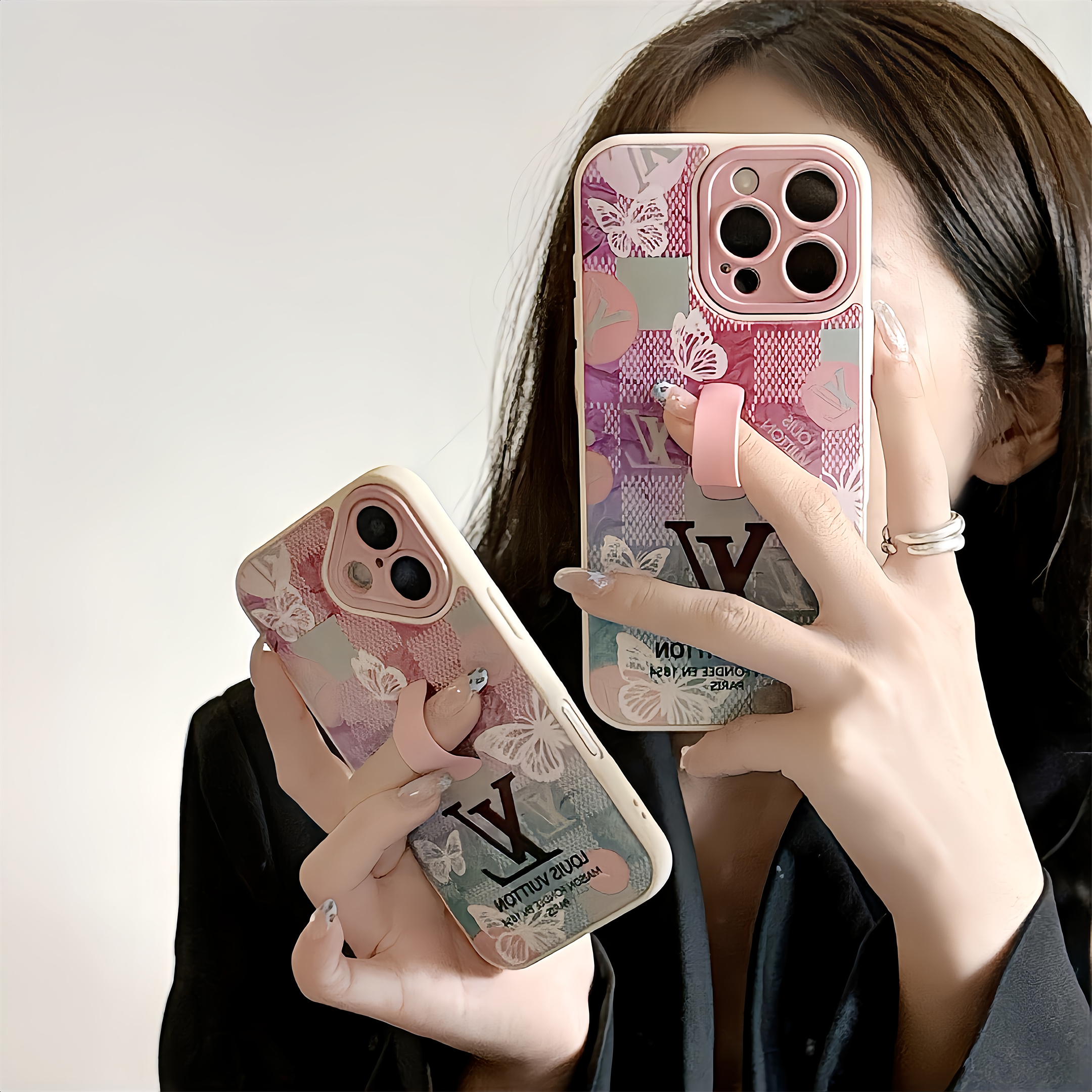 LV Monogram Checkerboard Elegant Butterfly Print Ring Buckle Apple iPhone Case
