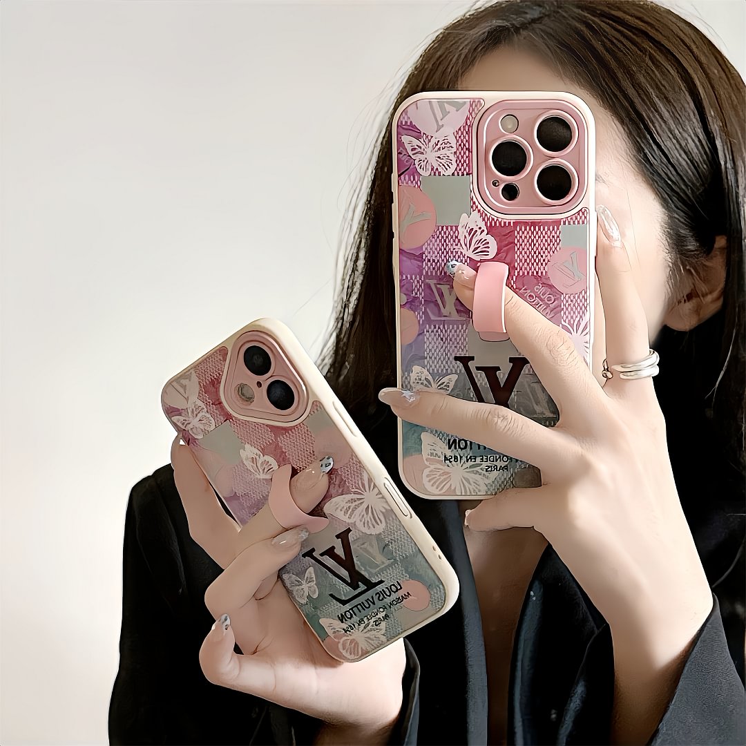 LV Monogram Checkerboard Elegant Butterfly Print Ring Buckle Apple iPhone Case