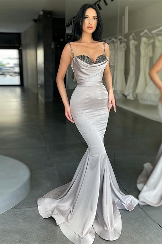 Silbergrau Spaghetti-Träger Meerjungfrau Abendkleid Pailletten PD0648 Lunass