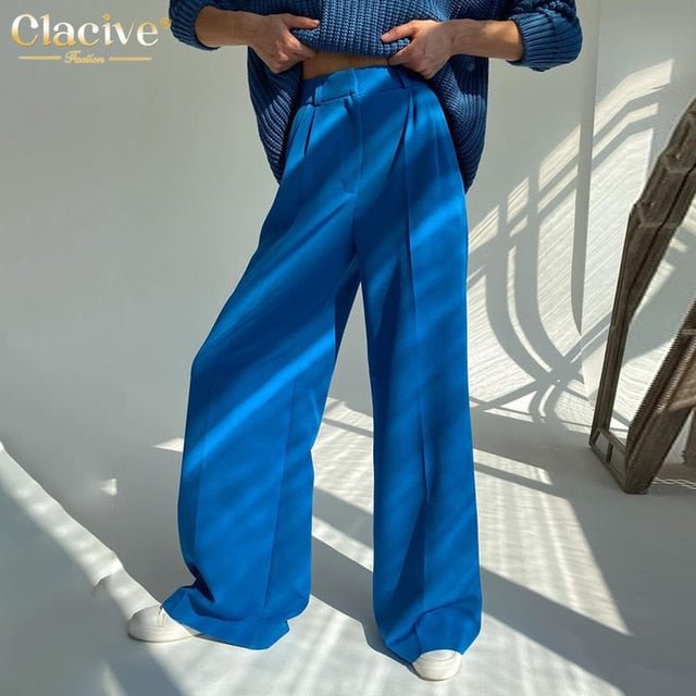 Clacive Blue Office Women'S Pants 2021 Fashion Loose Full Length Ladies Trousers Casual High Waist Wide Pants For Women