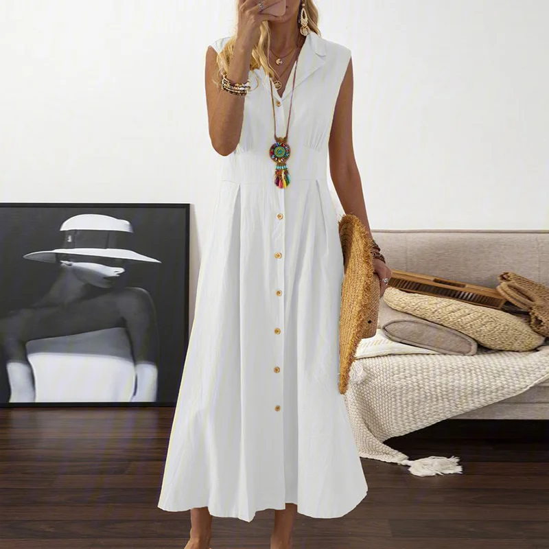 A-Line Vintage Cotton Linen Midi Dress
