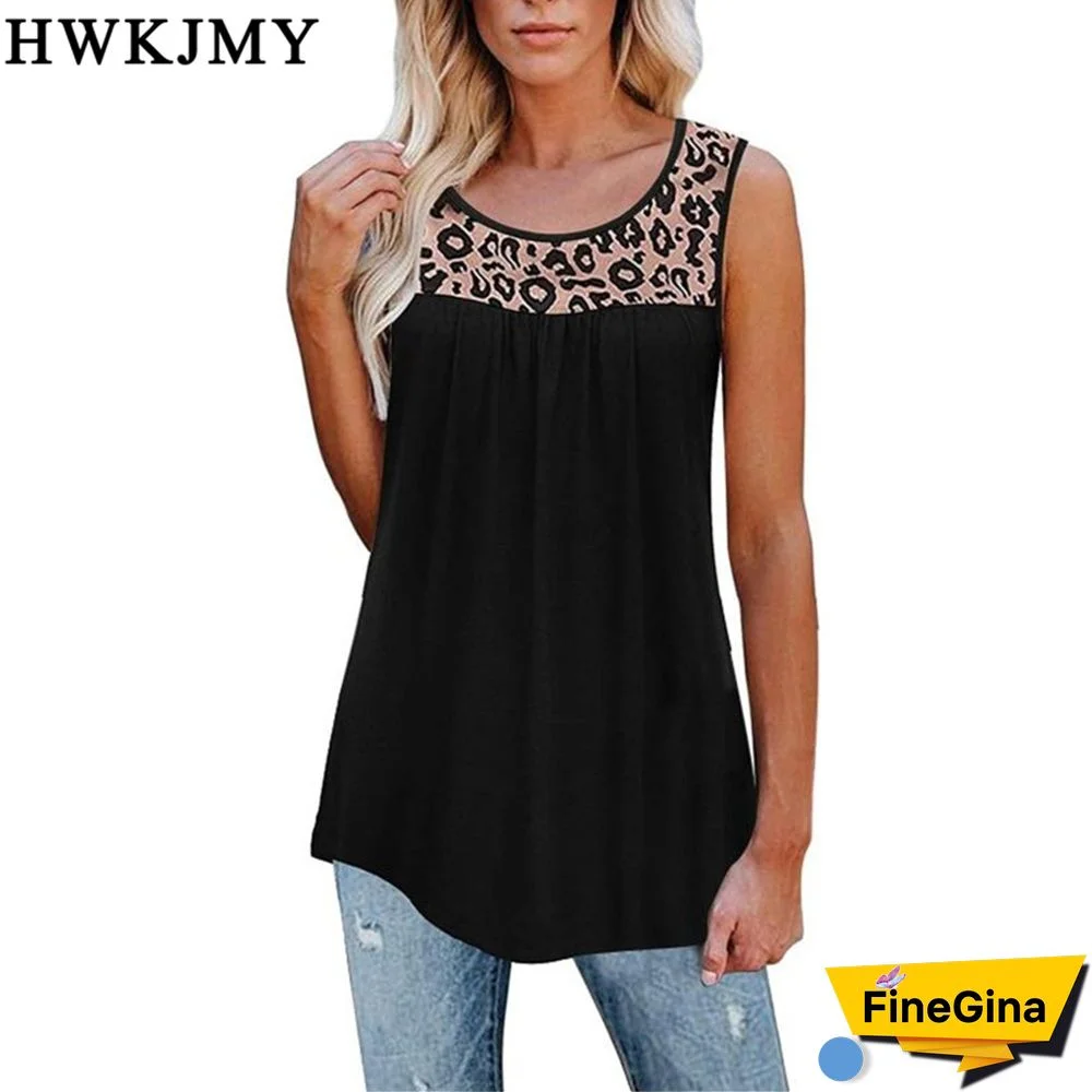 Summer Womens Fashion Casual O Neck Sleeveless Tops Leopard Printed Patchwork Camisole Loose Pleated Tank Tops Ladies Blouses