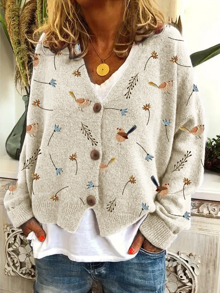 Birds Floral Embroidery Pattern Cozy Knit Cardigan