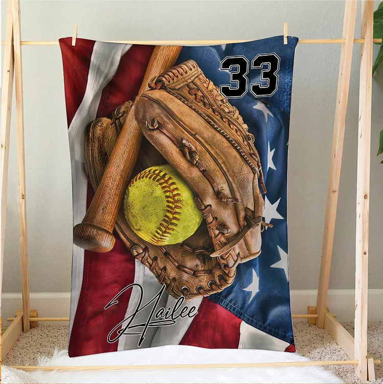 Personalized Softball Blanket, Softball Ball American Flag Soft Cozy Blankets | BKKid440