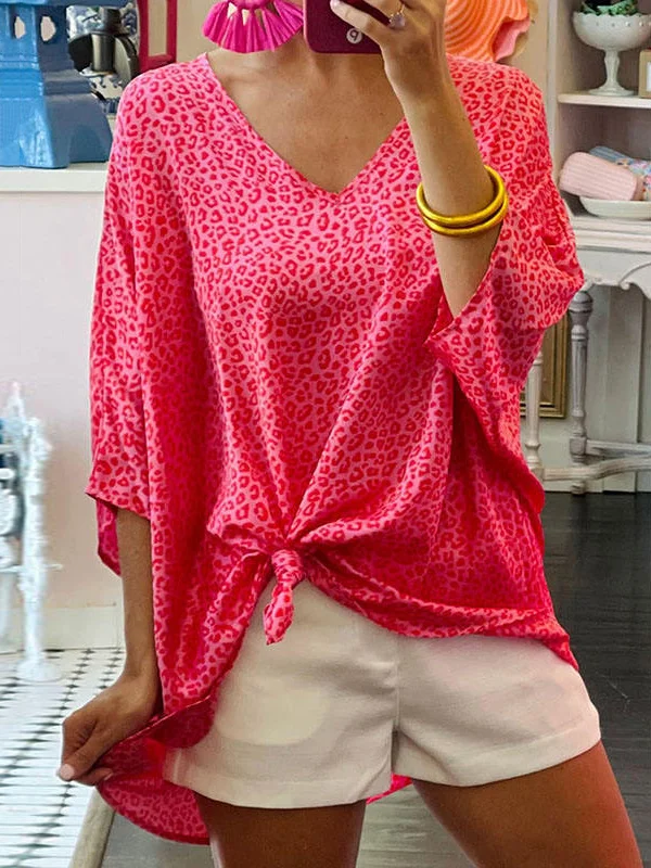 Leopard Loose High-Low V-Neck T-Shirts Tops
