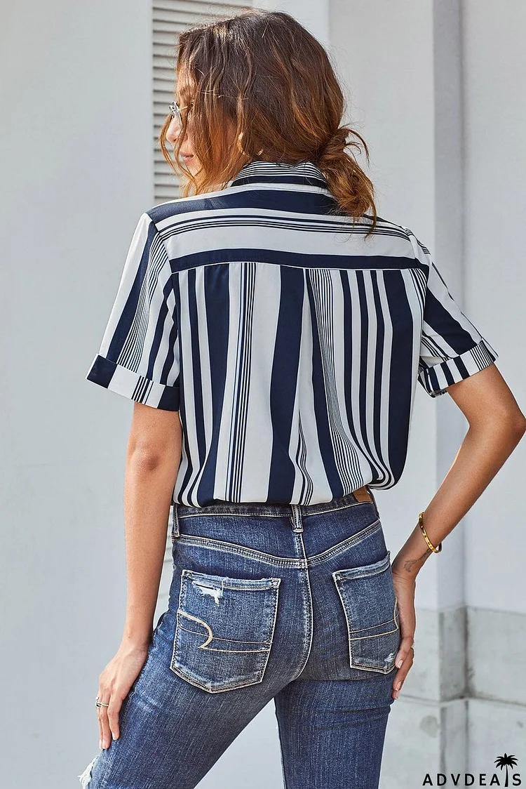 Women's White Navy Striped Short Sleeve Button Up Shirt