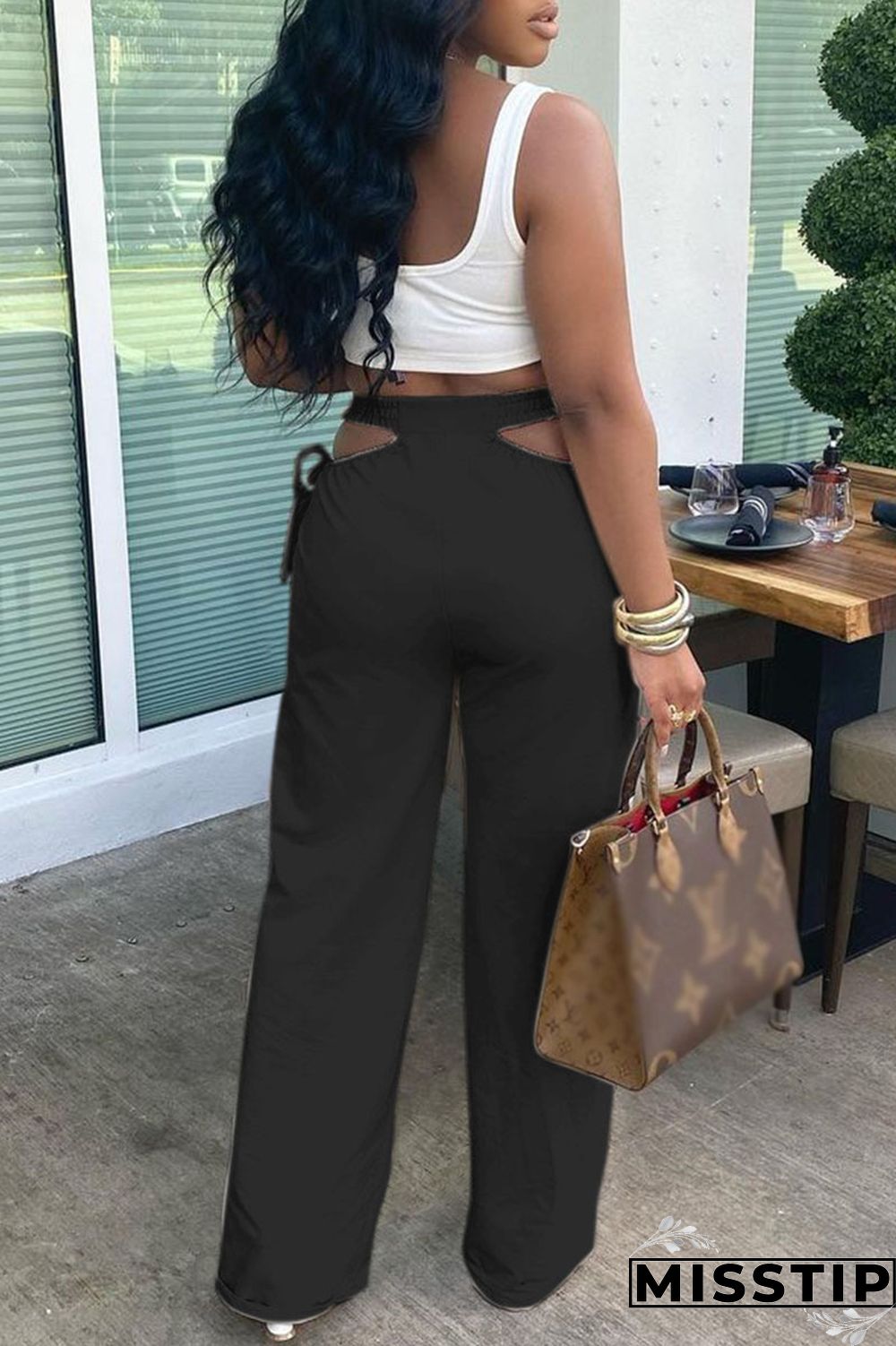 Grey Casual Solid Hollowed Out Draw String Boot Cut Wide Leg Patchwork Bottoms