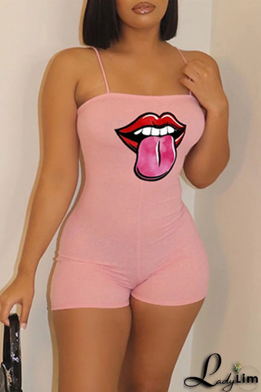 Pink Sexy Casual Lips Printed Backless Spaghetti Strap Skinny Romper