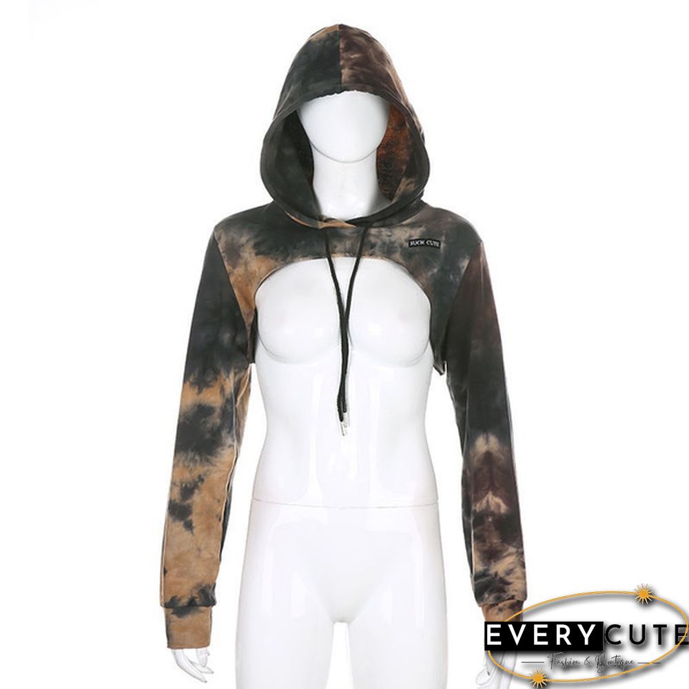 Women Long Sleeve Black Bustier Crop Top Mesh Harajuku Hiphop Loose Leopard Hoodie Sweatshirt Clubwear Tie Dye Top