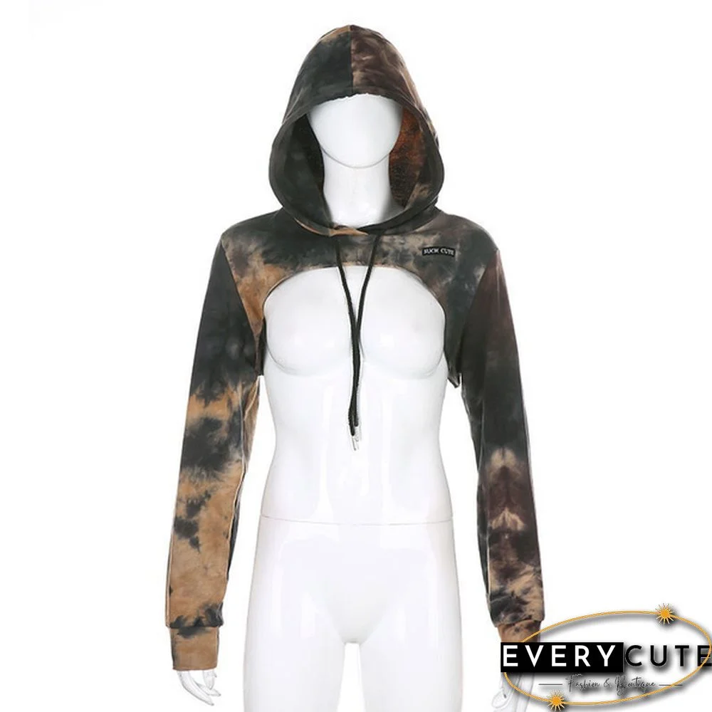 Women Long Sleeve Black Bustier Crop Top Mesh Harajuku Hiphop Loose Leopard Hoodie Sweatshirt Clubwear Tie Dye Top