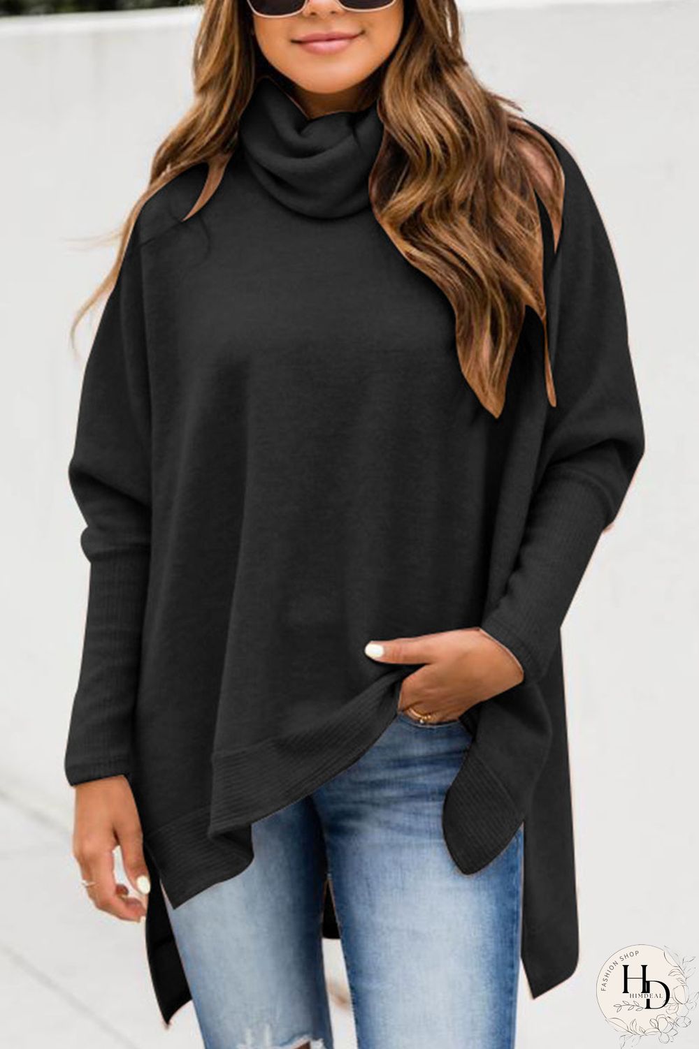 Apricot British Style Solid Slit Turtleneck Tops