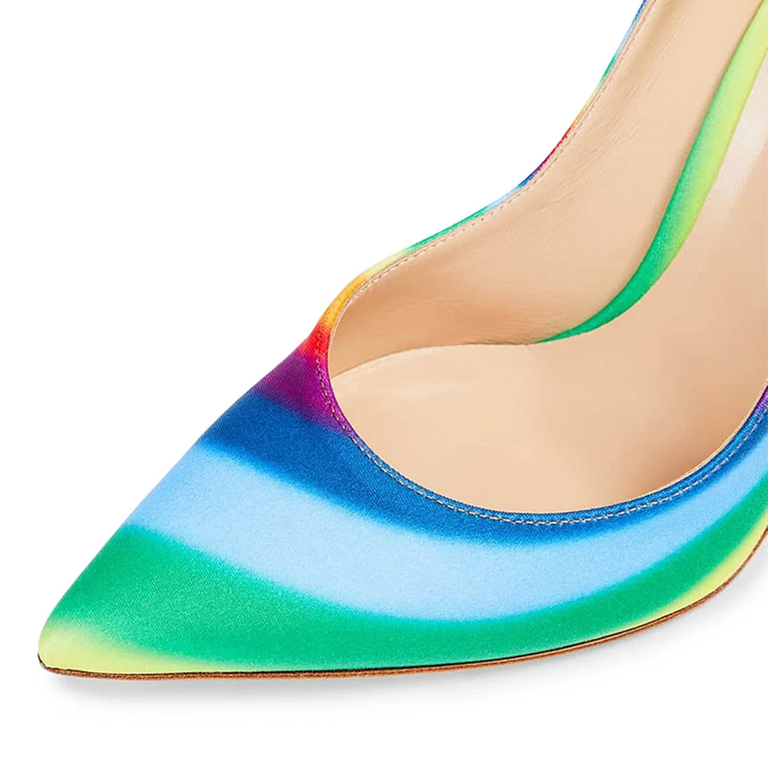 Rainbow Fabric Pointed Toe Slip-On Pumps Shoes with Stiletto Heels