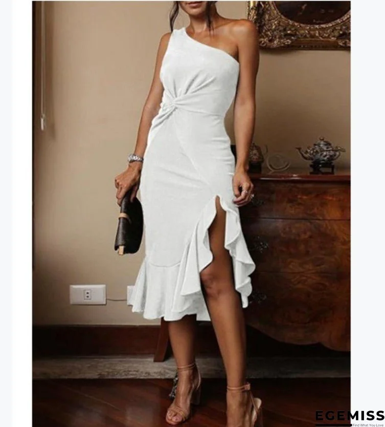One-Shoulder Open Back Hem Slit Ruffled Midi Dress | EGEMISS