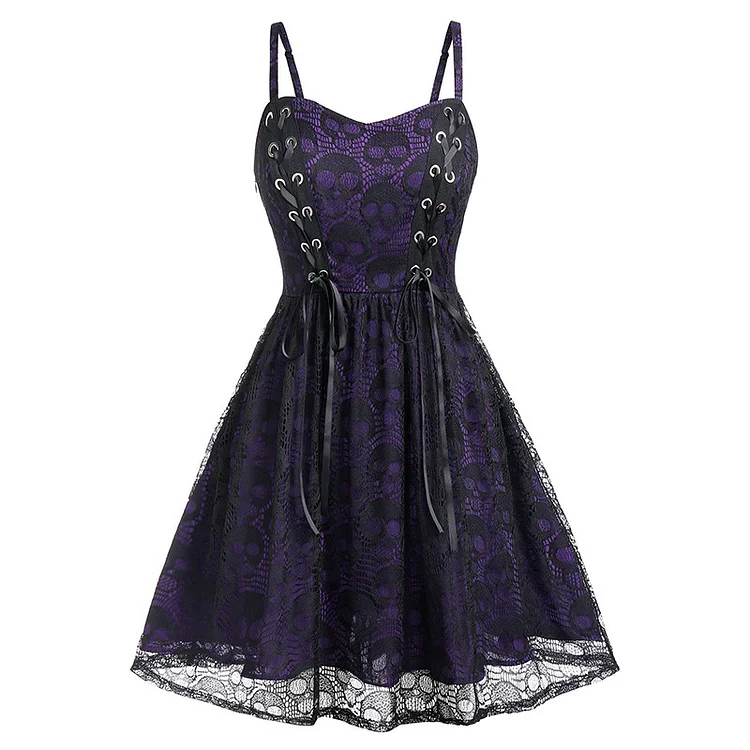 Gothic Dark Skull Lace-up Paneled Bandaged Mesh Spaghetti Midi Dress