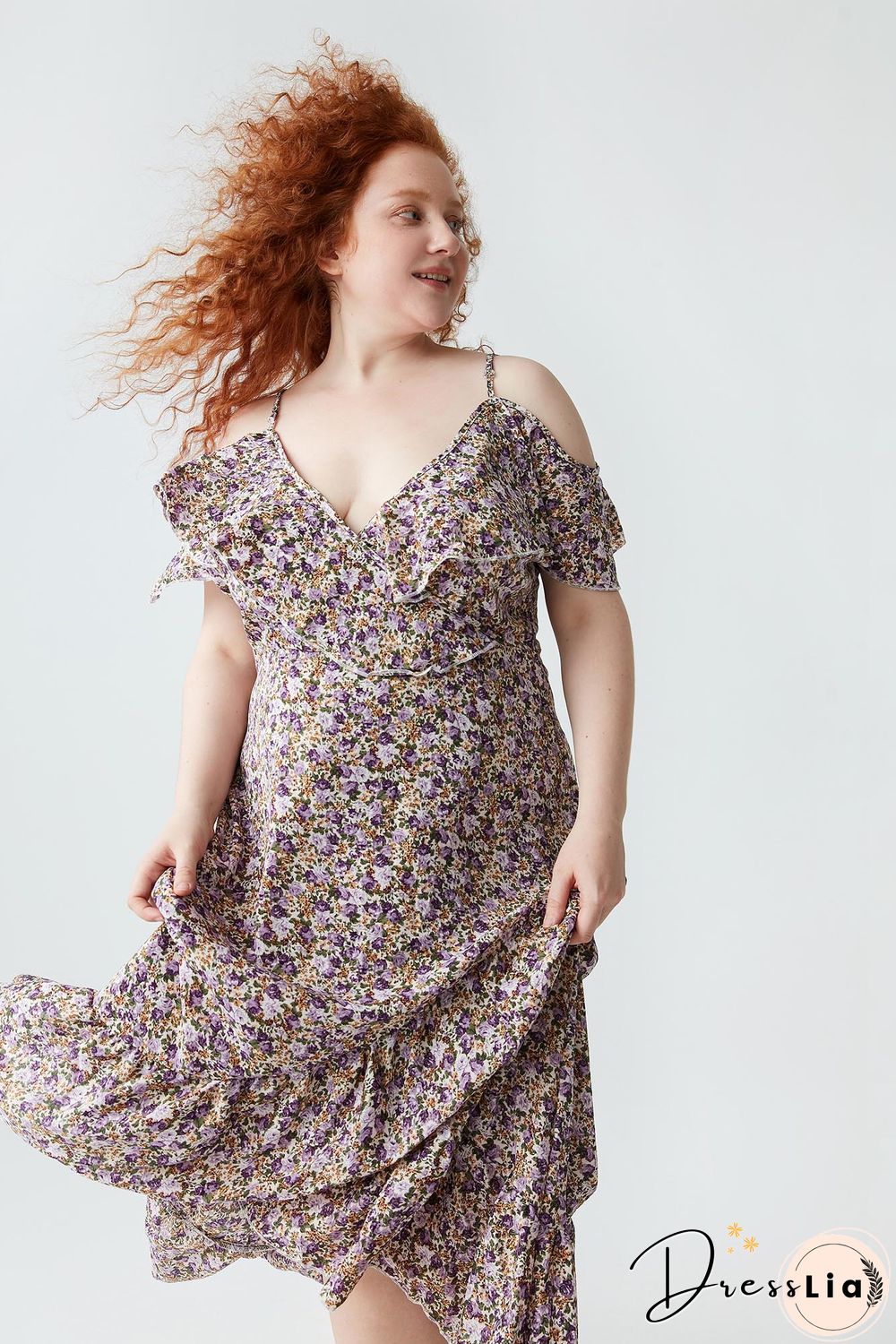 Floral-print Cold-shoulder Ruffled Dress P11993