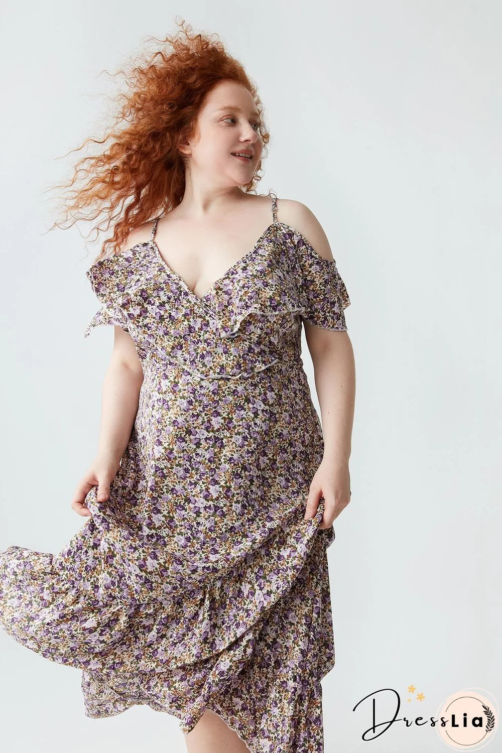 Floral-print Cold-shoulder Ruffled Dress P11993