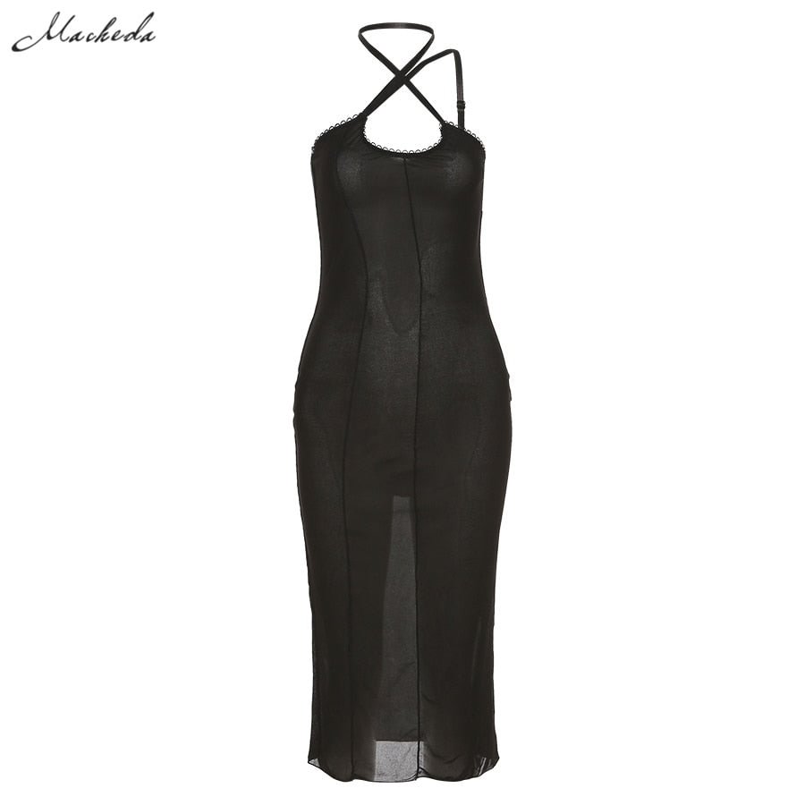 Macheda Summer Black Fashion Sexy Sling Dress Women Solid Sleeveless Slim Street Party Lady Patchwork Long Dresses Casual