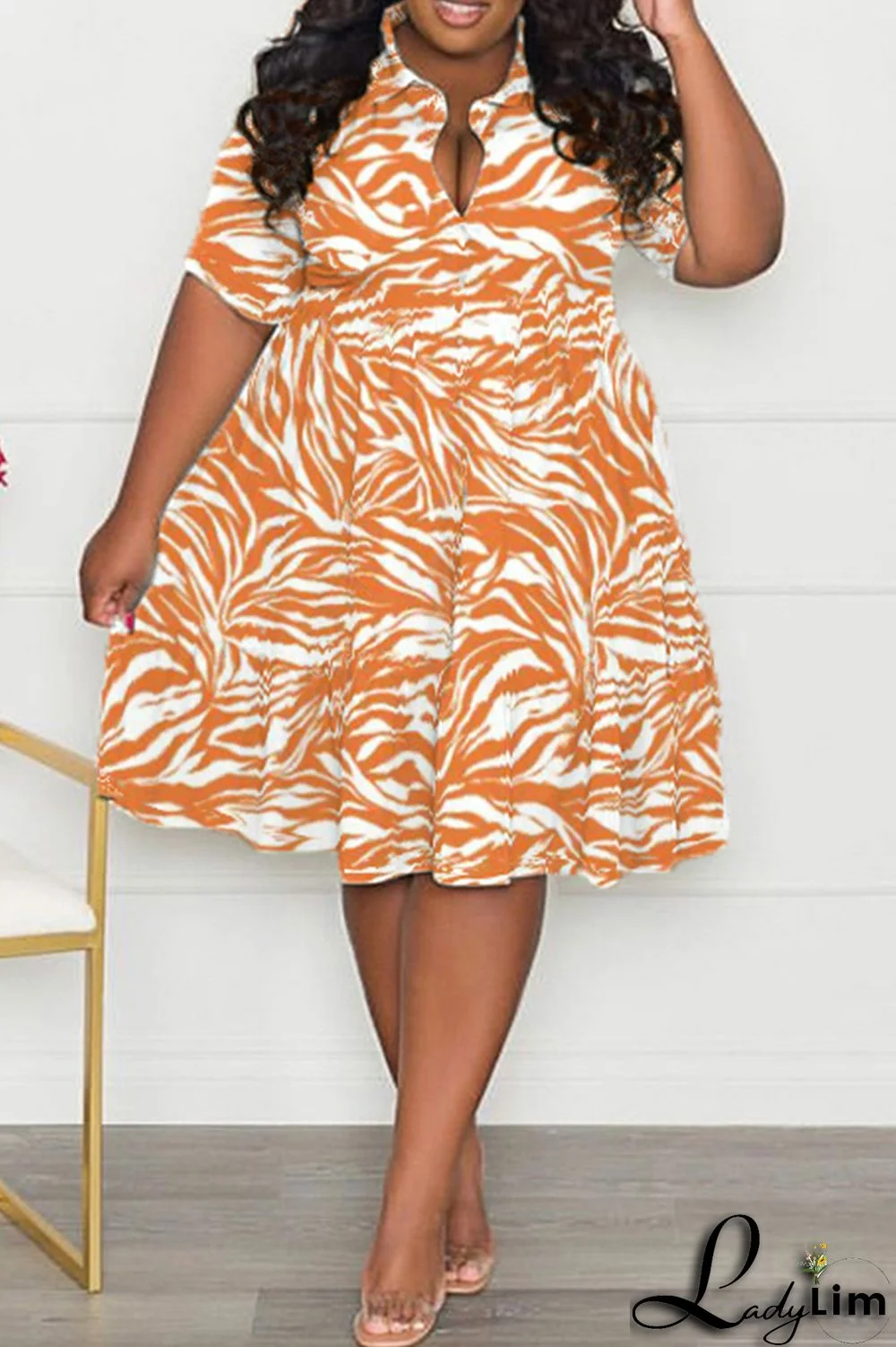 Orange Casual Print Patchwork Fold Turndown Collar A Line Plus Size Dresses