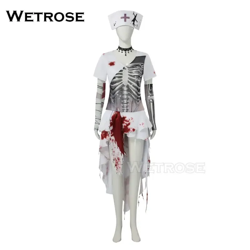 [Wetrose] In Stock Blood Stained Skeleton Print Torn Irregular Dress Nurse Party Outfit Cosplay Costume Halloween Xmas
