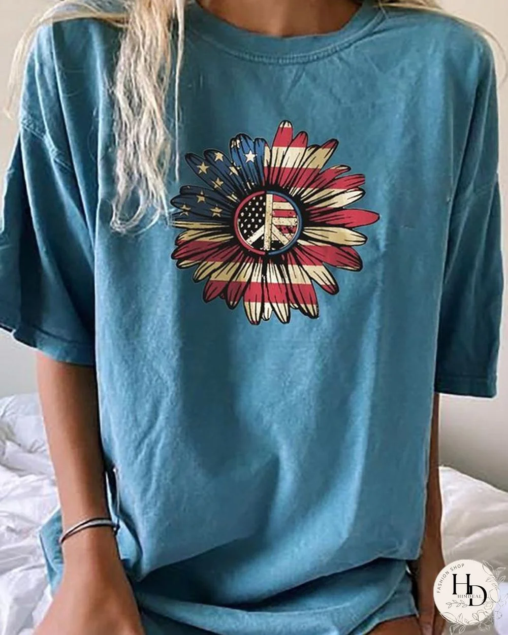 Independence Day Sunflower Print Short Sleeve T-shirt P12385