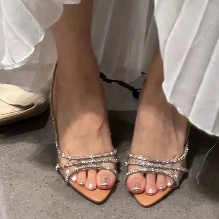 Yyvonne Temperament Fine Heel Sandals Women 2025 Summer New Pointed Transparent Water Drill High Heels Mature Mother Shoes