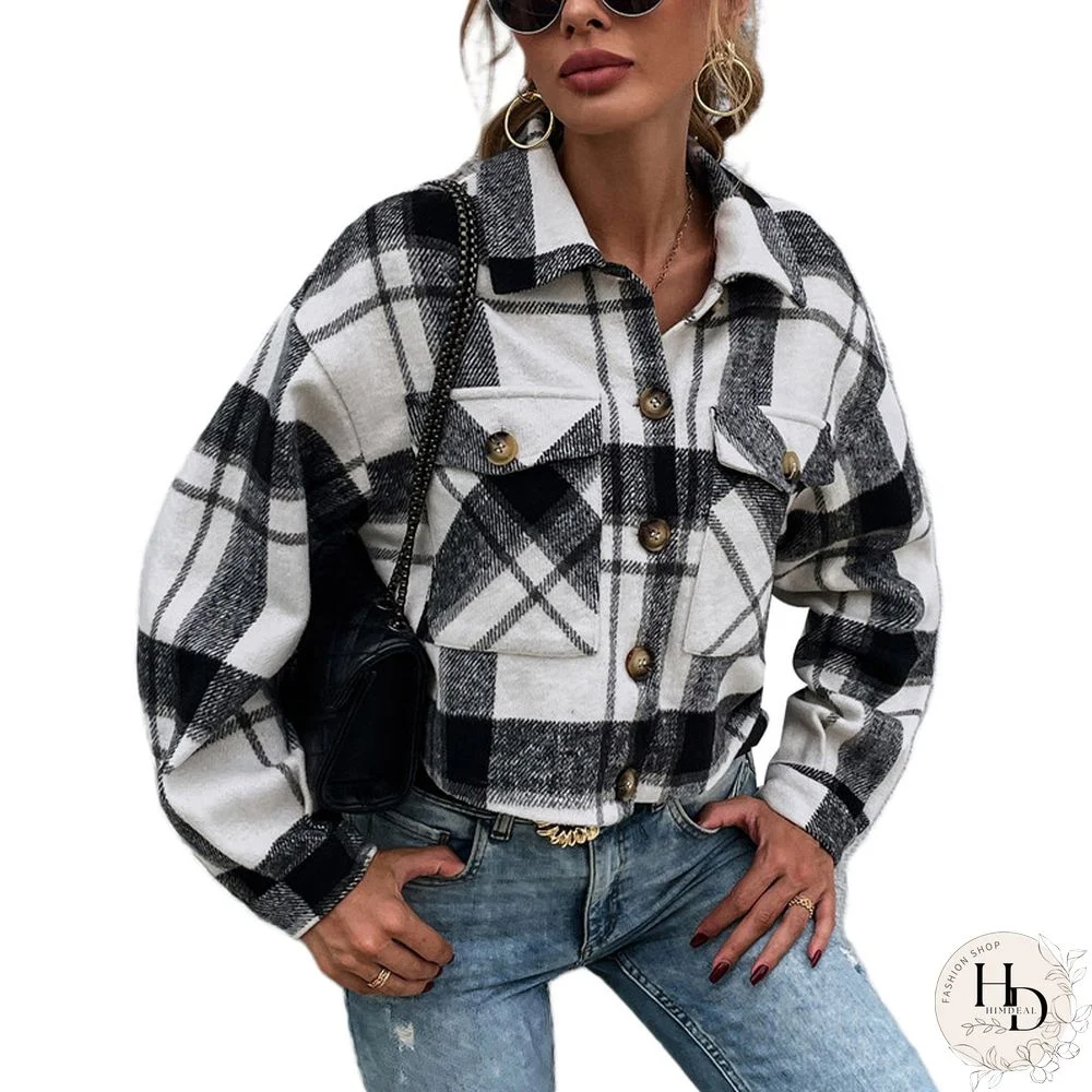Winter Checked Women Jacket Long Sleeve Overcoat Warm Plaid Coat With Pocket Thick Woolen Blends Female Streetwear